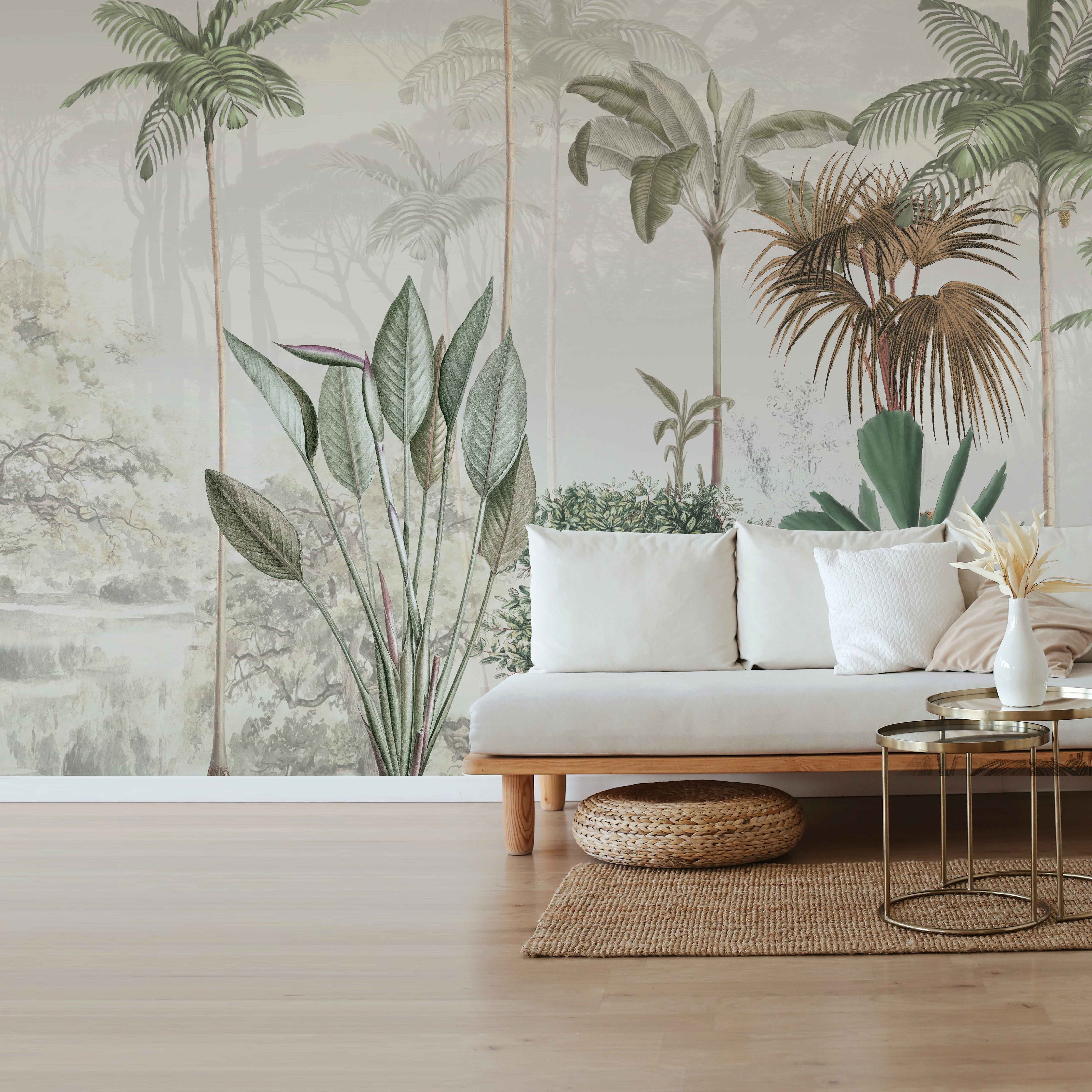 Interior Tropical Style Wallpaper Beige Tropical Wallpaper | Removable