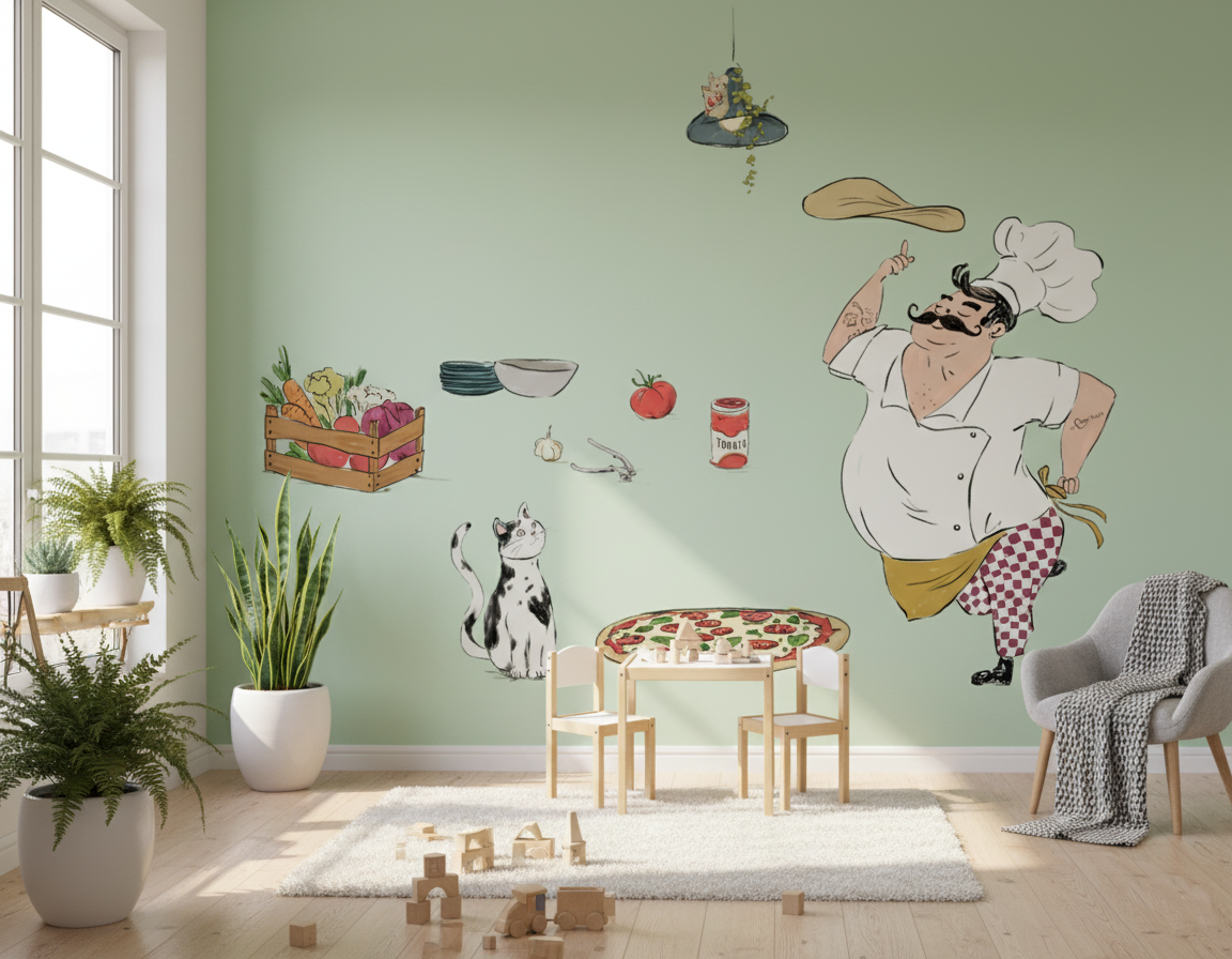 Chef Italiano Wall Decal Set Pizza, Italian, Cat - Funny Kitchen Scene ...