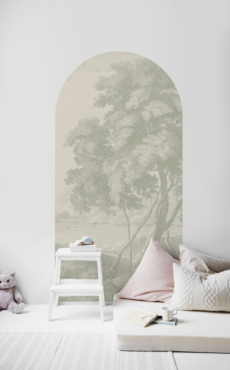 Peel and stick Arch Wallpaper Decal - Engraved green