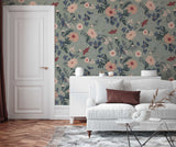 Wallpaper on roll - Feline Forest Flowers green