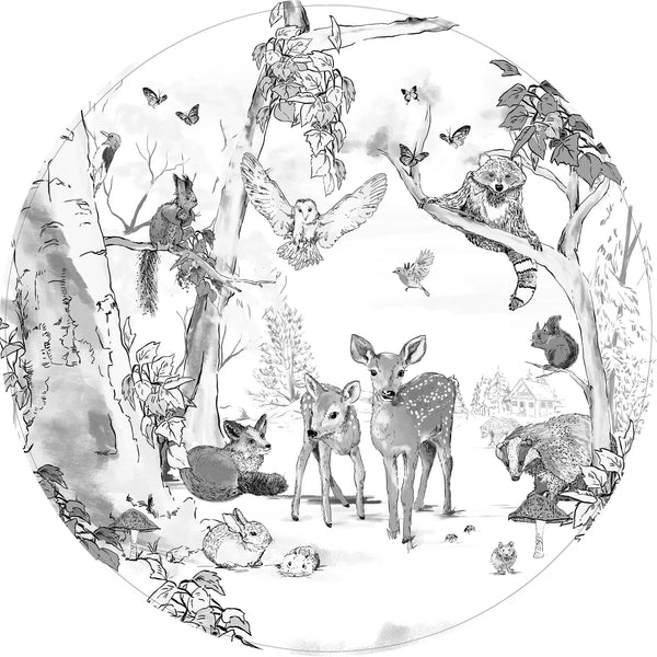 Ronde wandsticker - Magical Forest zwart/wit
