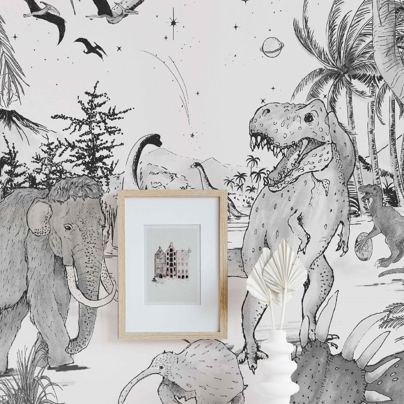 Papier peint dinosaure - PREHISTORIC noir/blanc