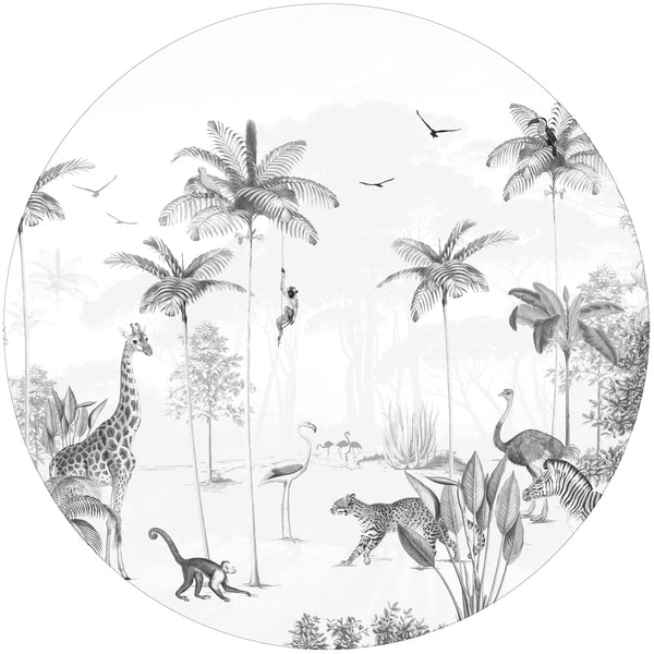 Sticker mural rond - Aire de jeux de la faune - noir/blanc