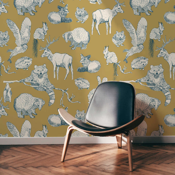 Animal Wallpaper - FOREST FRIENDS - gold/teal