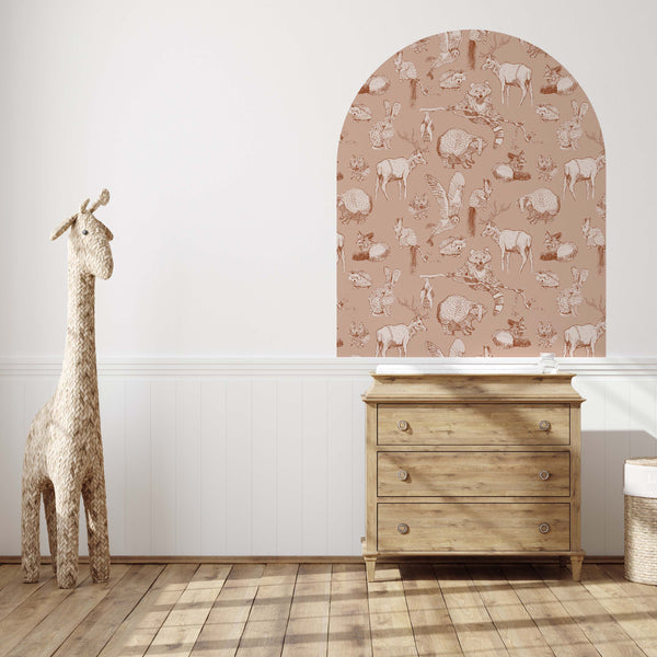 Peel and stick Arch Wallpaper Decal - Forest Friends Nude/Burnt Orange