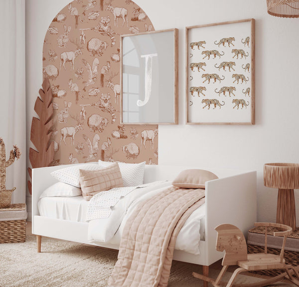 Peel and stick Arch Wallpaper Decal - Forest Friends Nude/Burnt Orange