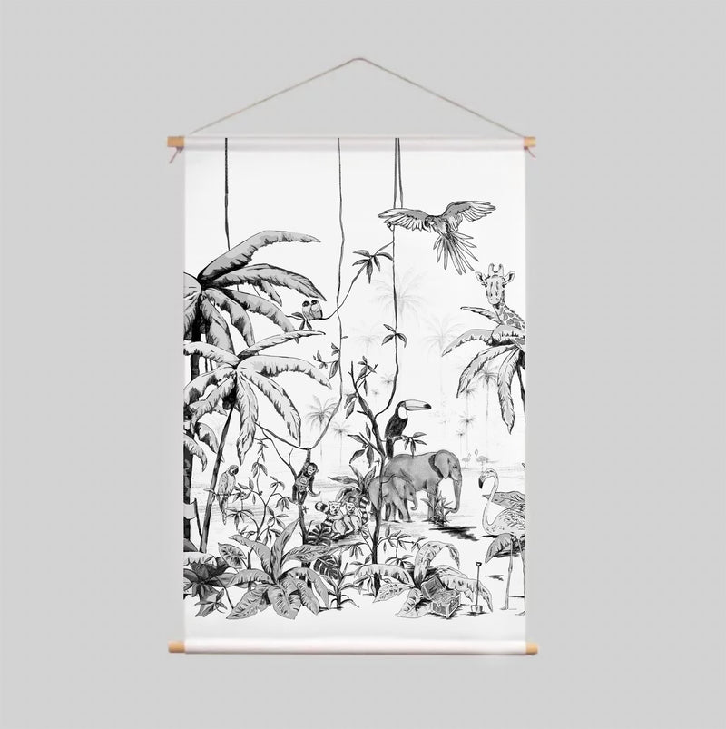 Textielposter - JUNGLE zwart/wit