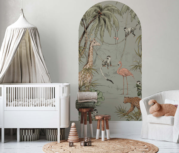 Peel and stick Arch Wallpaper Decal - JUNGLE JAZZ dusty mint