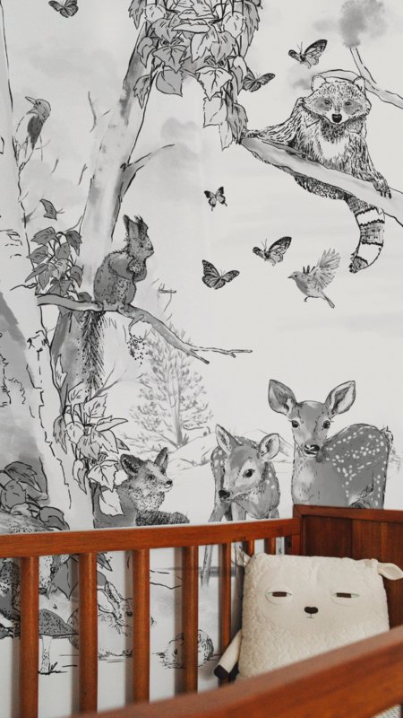 Papier peint animaux - MAGICAL FOREST - noir/blanc