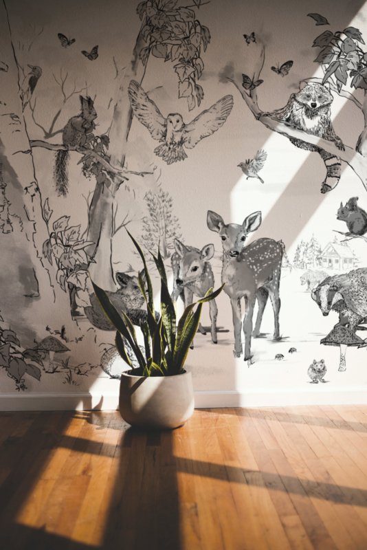 Dieren Behang - Wandgrote afbeelding - MAGICAL FOREST zwart/wit