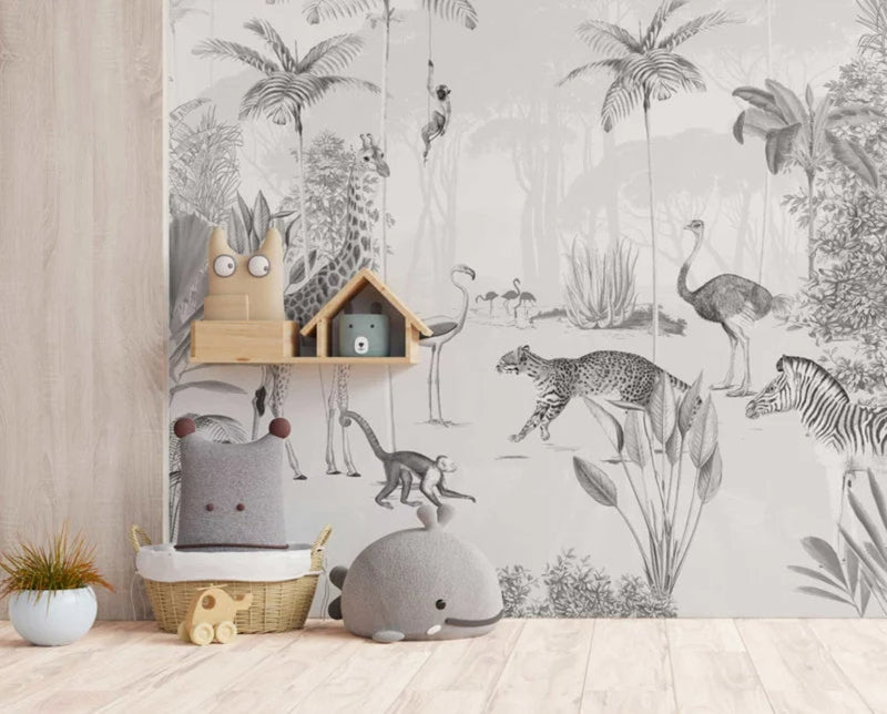 Jungle Behang - Wandgrote afbeelding - WILDLIFE'S PLAYGROUND zwart/wit